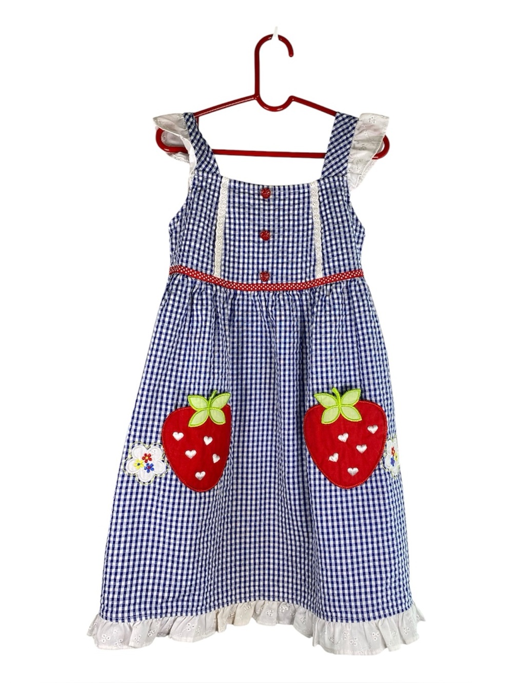 YOUNGLAND Girl’s Blue Seersucker &‎ Ruffle Trim Strawberry Appliqué Dress 6X